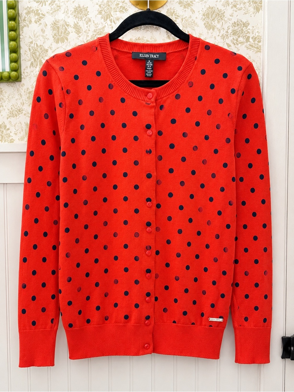 Ellen Tracy Red Cardigan with Navy Polka Dots